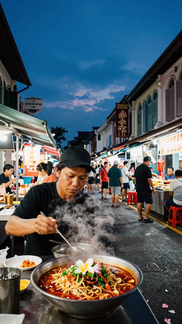 Singapore Blue Hour Street Scene with Bibim Guksu and Plumeria Petals in in Singapore, Singapore