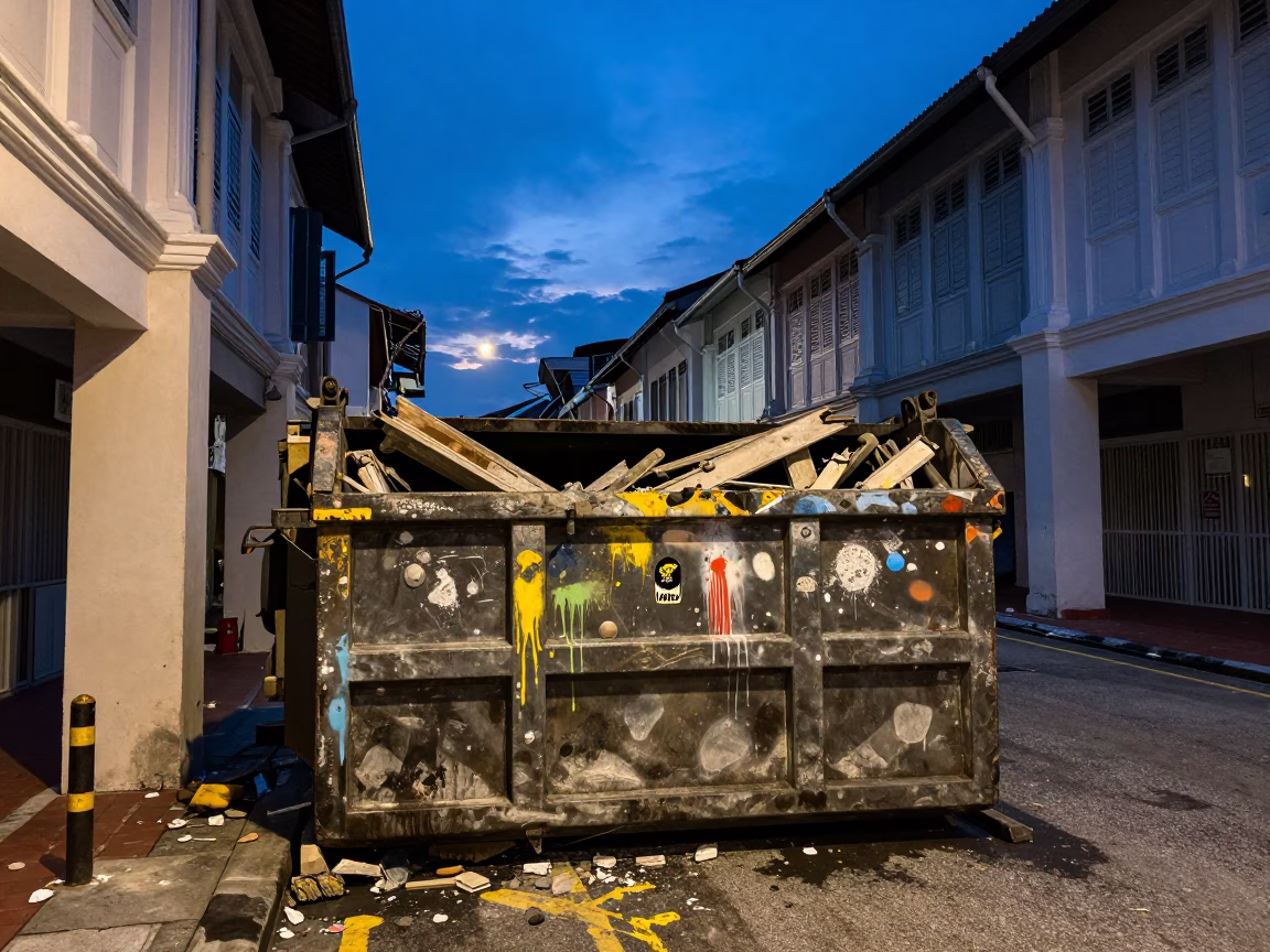 Singapore Blue Hour Street Scene with Demolition Dumpster and Paint Flecks in in Singapore, Singapore