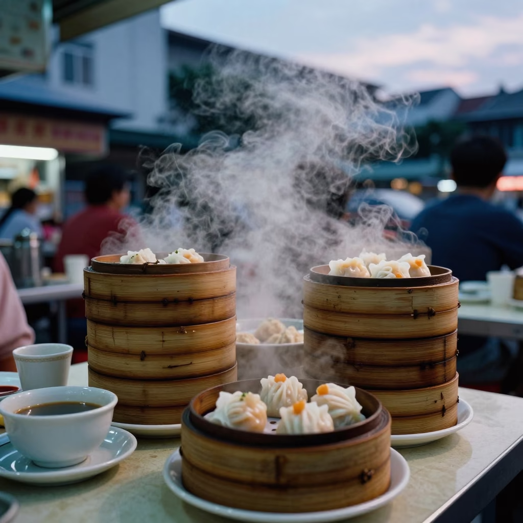 Singapore Blue Hour Street Scene with Dim Sum Steamers and Ceramic Plates in in Singapore, Singapore