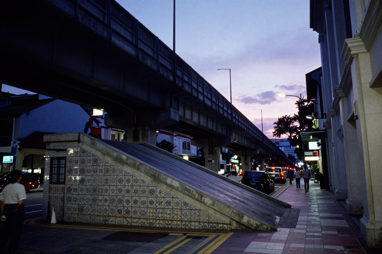 Singapore Blue Hour Street Scene with Overpass Ramp and Ceramic Tile Shopfront in in Singapore, Singapore