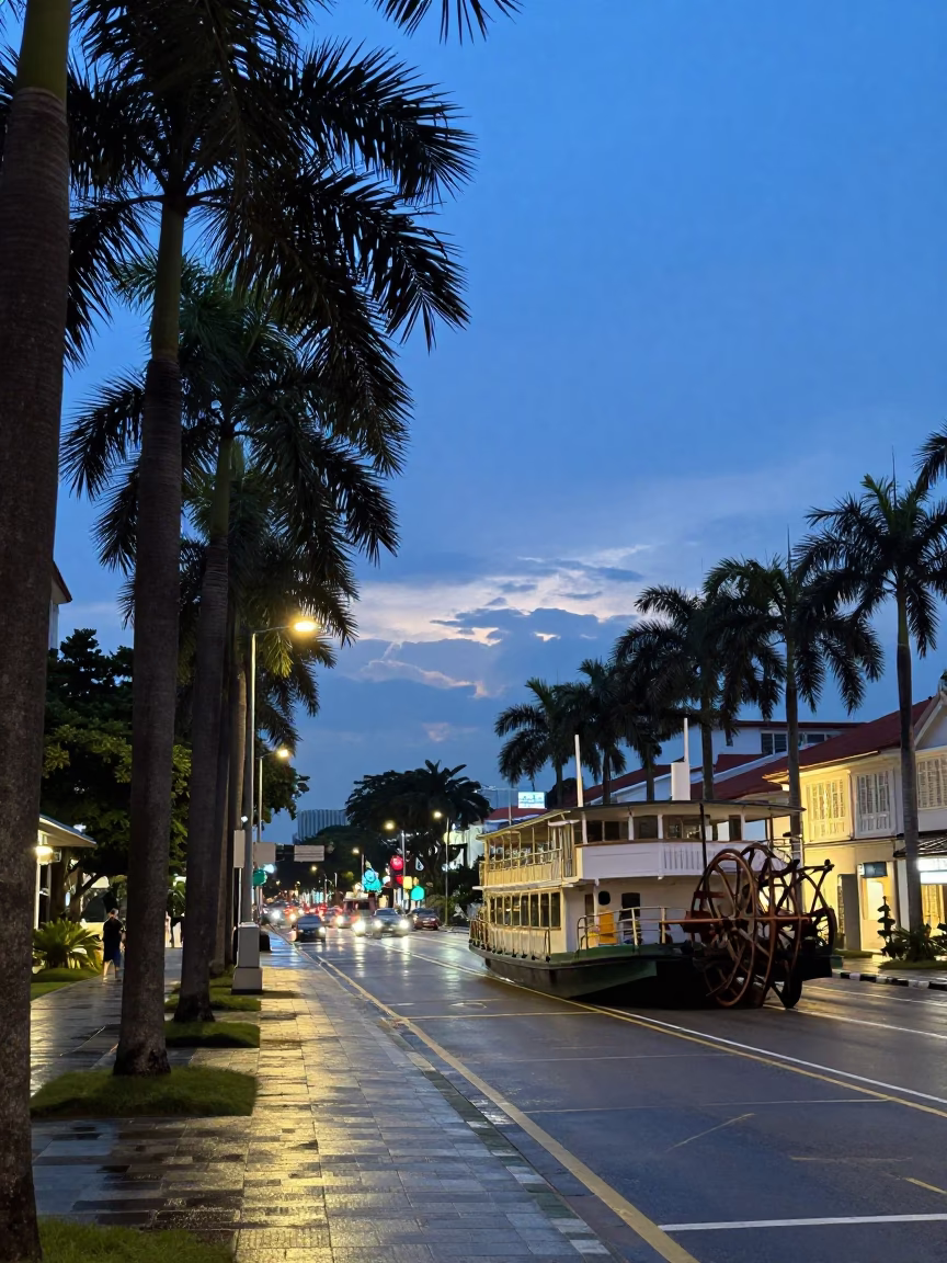 Singapore Blue Hour Street Scene with Palm Trees and Paddlewheel Steamboat Reflection in in Singapore, Singapore