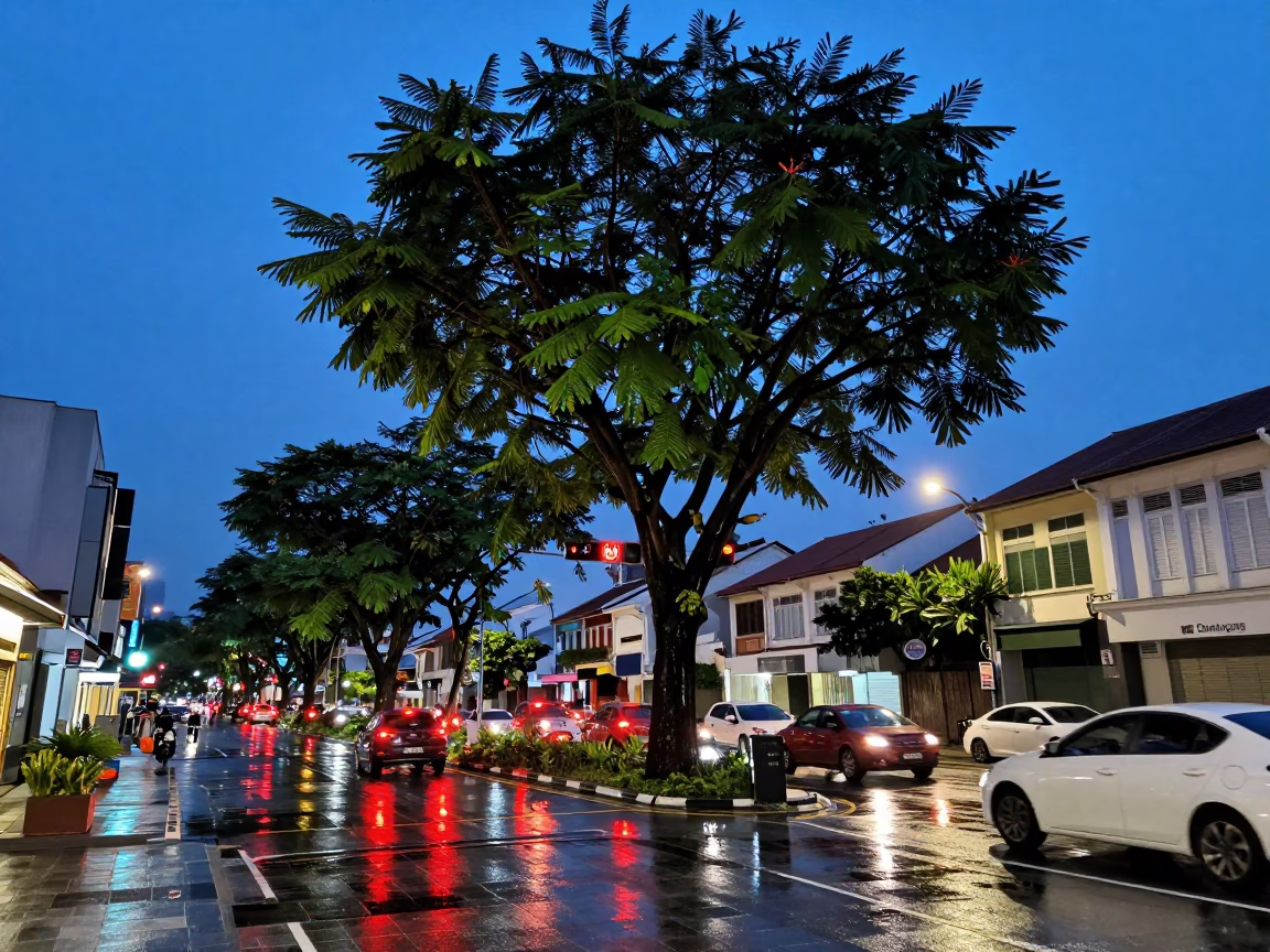 Singapore Blue Hour Street Scene with Puddle Reflections and Tamarind Tree in in Singapore, Singapore