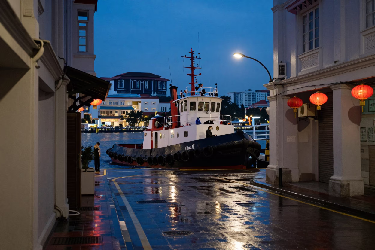 Singapore Blue Hour Street Scene with Tugboat and Lantern Reflections in in Singapore, Singapore