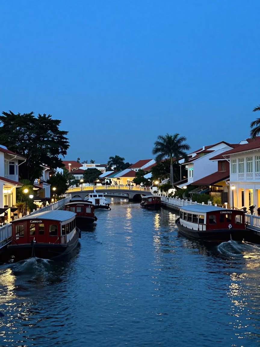 Singapore Blue Hour Street Scene with Water Taxi and Canal Houseboats in in Singapore, Singapore