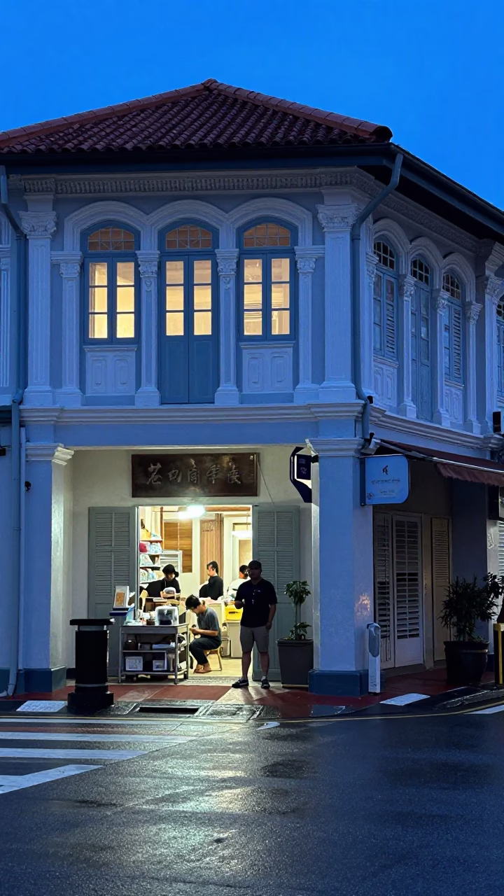 Singapore Blue Hour Street Scene with Window Light and Soap Residue on Glass in in Singapore, Singapore