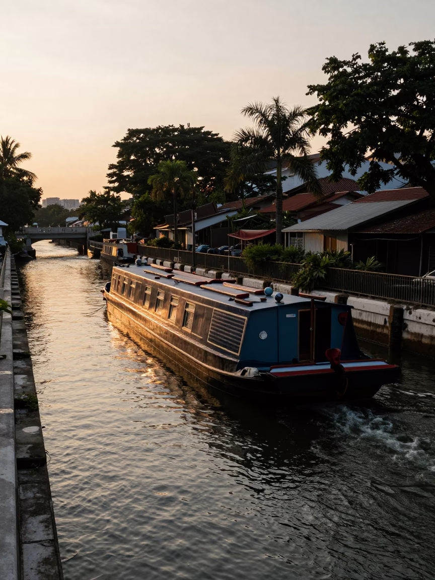Singapore Canal Barge Loaded with Cargo in Honeyed Evening Light in in Singapore, Singapore