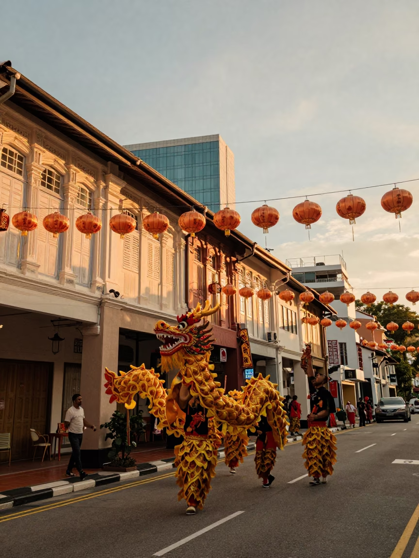 Singapore Chinatown Street Scene with Traditional Dragon Dance Lanterns During Golden Hour Sunset in in Singapore, Singapore