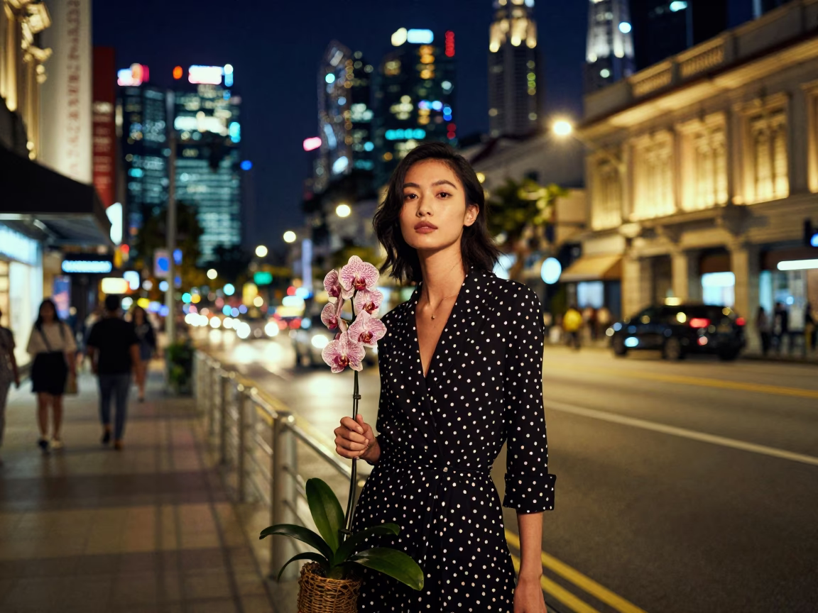 Singapore City Lights Glow High Fashion Portrait with Spotted Orchid at Night in in Singapore, Singapore