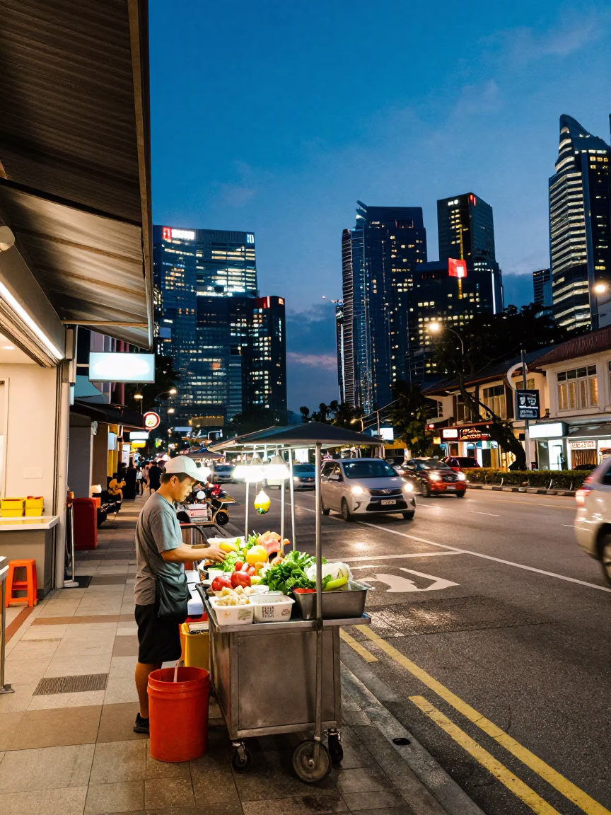 Singapore City Lights Glow Over Busy Street Corner with Street Vendor and Commuters in in Singapore, Singapore