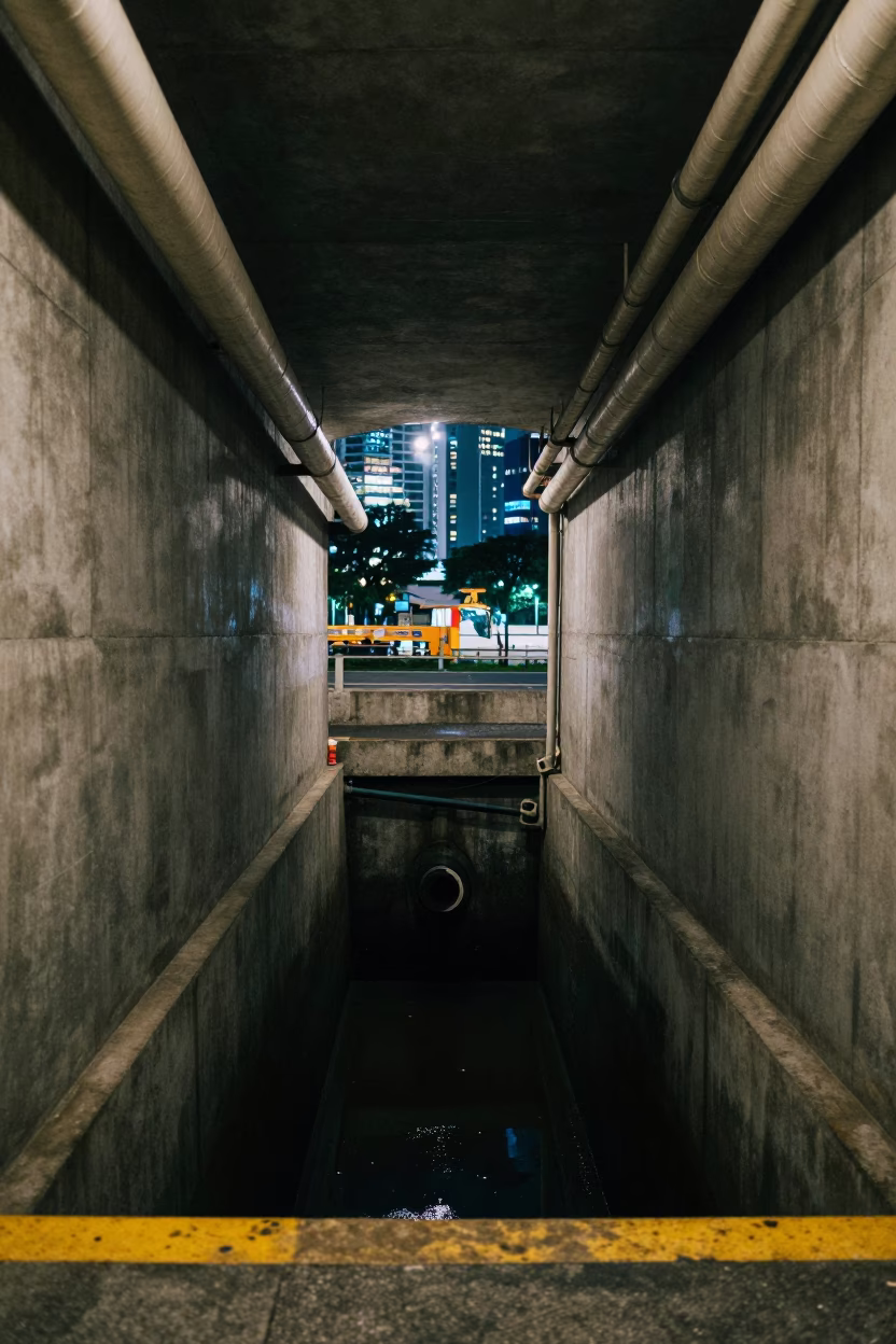 Singapore City Lights Glow Over Service Tunnel Sump and Blinking Indicators in in Singapore, Singapore