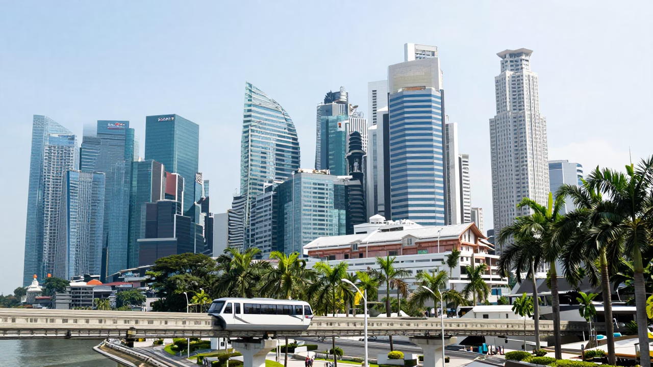 Singapore City Skyline at Noon with Monorail and Palm Trees in in Singapore, Singapore