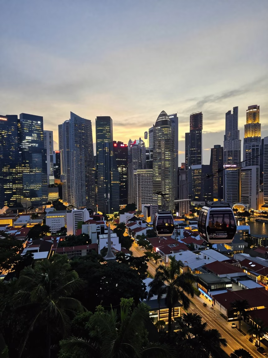 Singapore Cityscape at Dusk with Cable Car and Tropical Greenery in in Singapore, Singapore