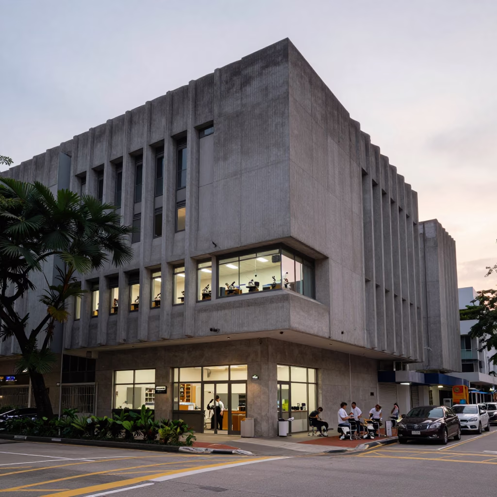 Singapore Dawn Street Scene with Concrete Brutalist University Building and Morning Routine in in Singapore, Singapore