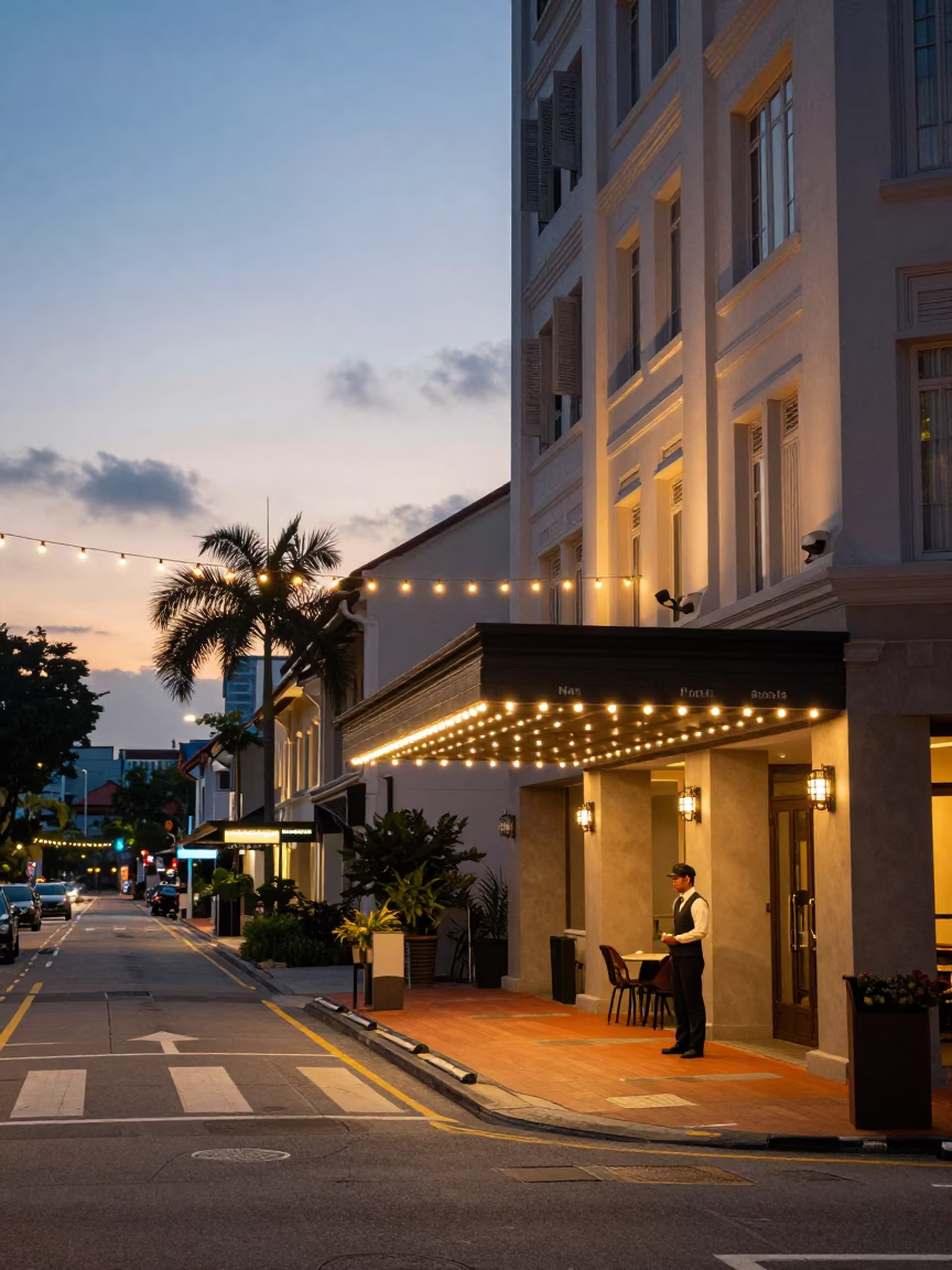 Singapore Dawn Street Scene with String Lights and Hotel Valet Stand Reflections in in Singapore, Singapore