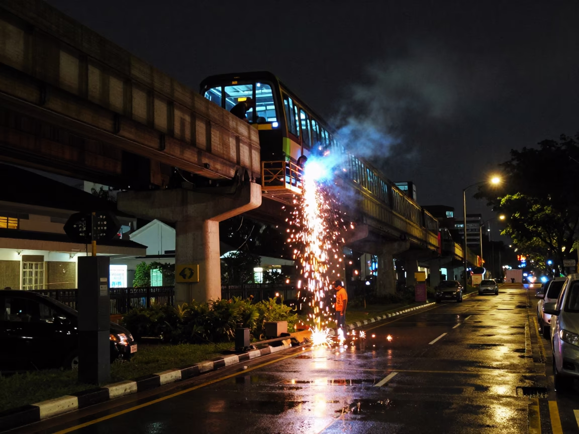 Singapore Deep Night Street Scene With Monorail Reflection And Welding Sparks in in Singapore, Singapore