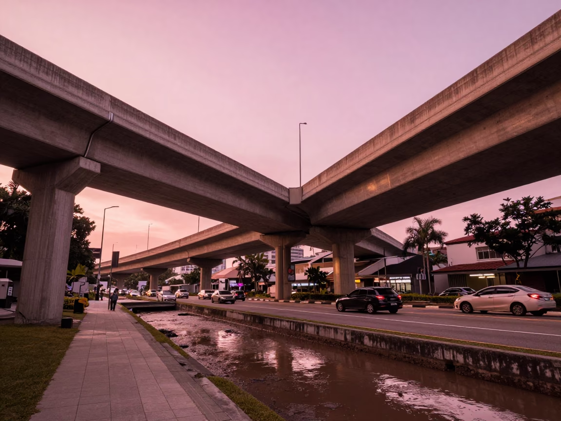 Singapore Dusk Highway Flyover Pink Sky Street Scene in in Singapore, Singapore