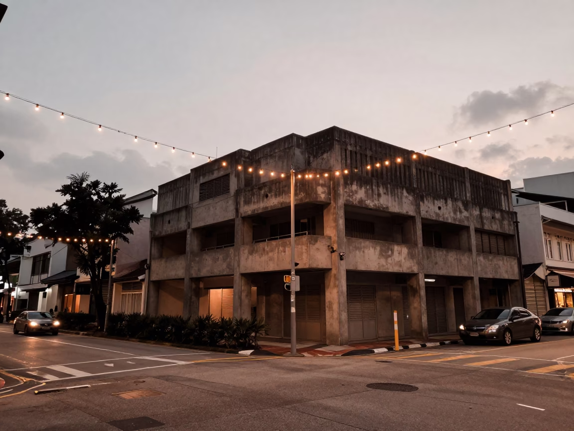 Singapore Dusk Street Scene with String Lights and Concrete Brutalist Architecture in in Singapore, Singapore
