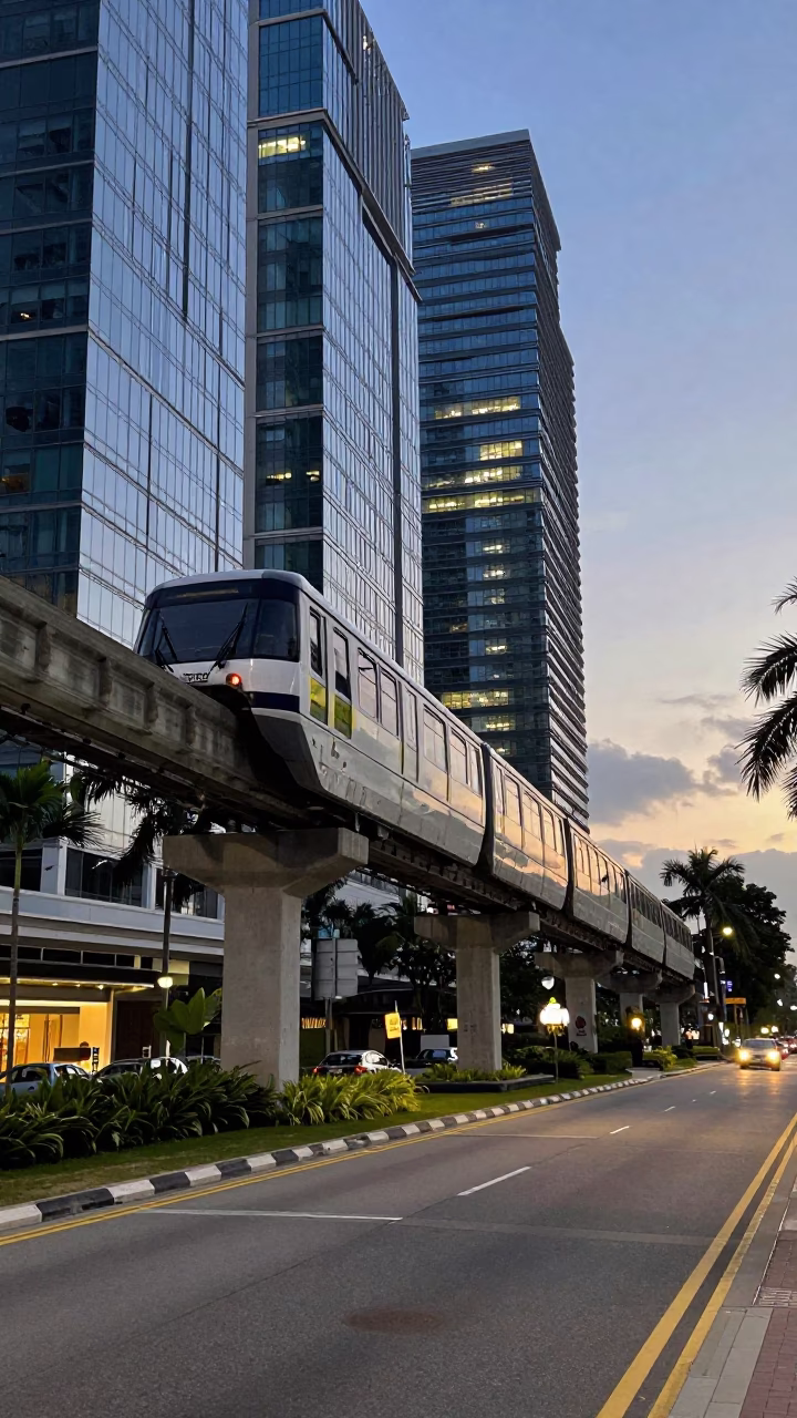 Singapore Early Evening Street Scene with Monorail and Palm Trees in in Singapore, Singapore