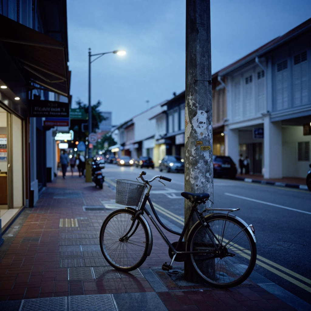 Singapore Evening Blue Hour Street Scene with Bicycle and Ferns in in Singapore, Singapore