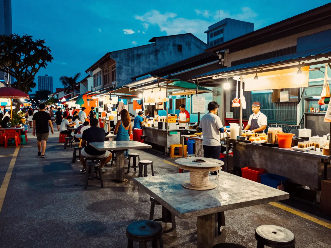 Singapore Evening Blue Hour Street Scene with Twine Spool and Olives in in Singapore, Singapore
