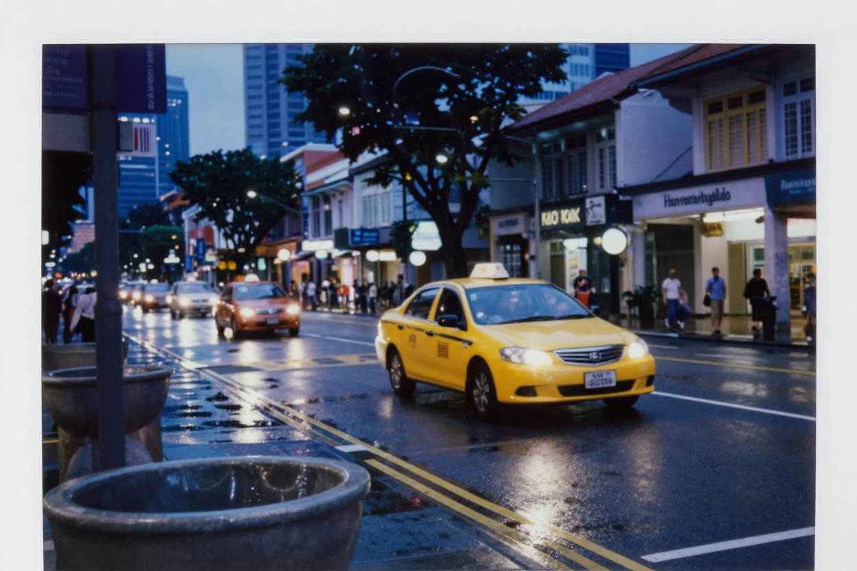 Singapore Evening Blue Hour Street Scene with Yellow Taxi and Urban Details in in Singapore, Singapore