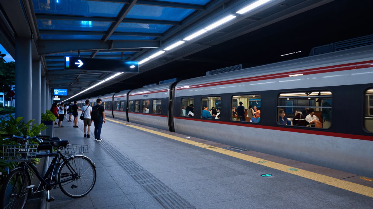 Singapore Evening Commuter Train Platform with Bicycle Basket and Woven Baskets in in Singapore, Singapore