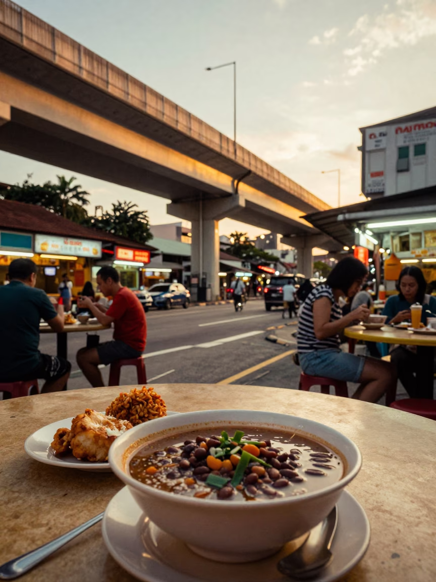 Singapore Evening Street Scene with Highway Flyover and Local Dining in in Singapore, Singapore