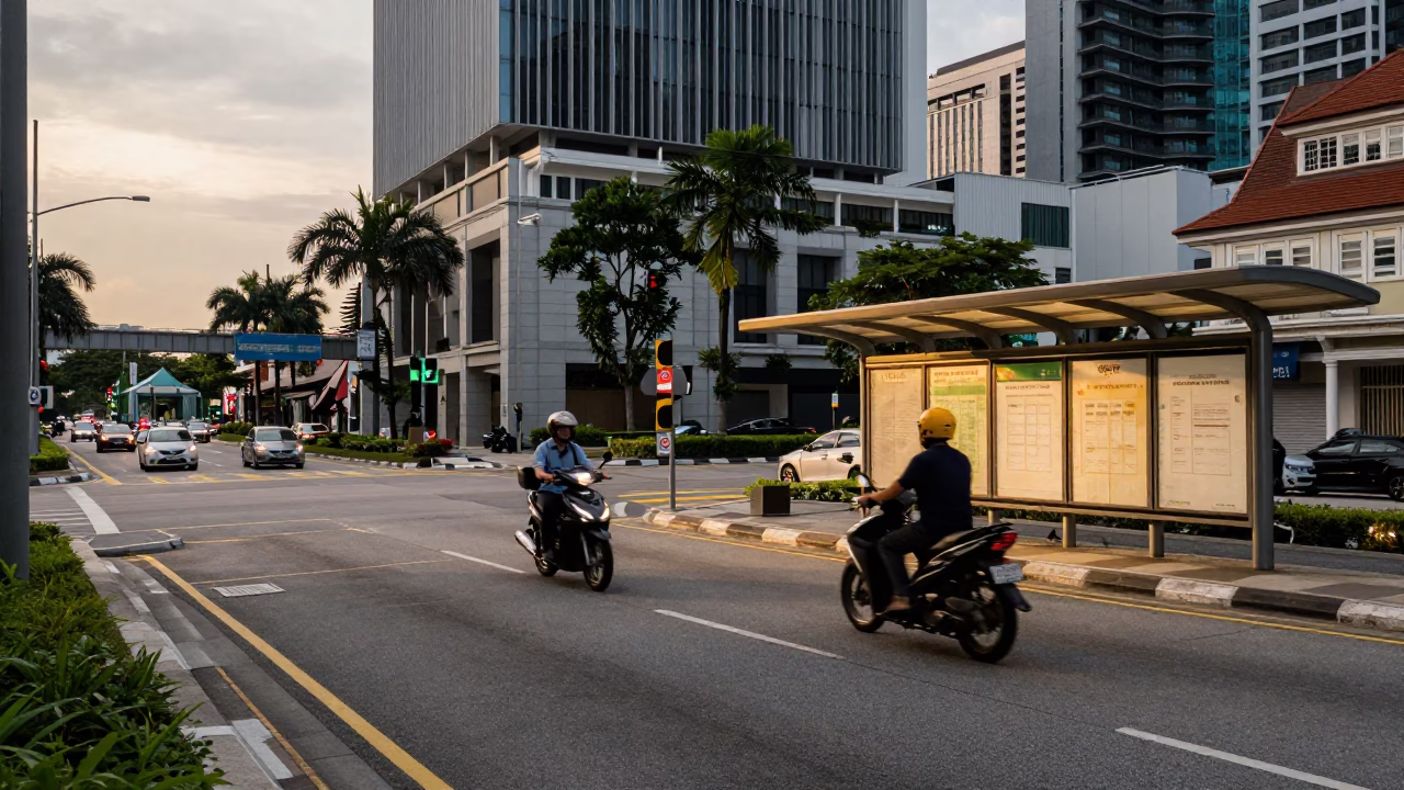 Singapore evening street scene with motorbike traffic and modern architecture in in Singapore, Singapore