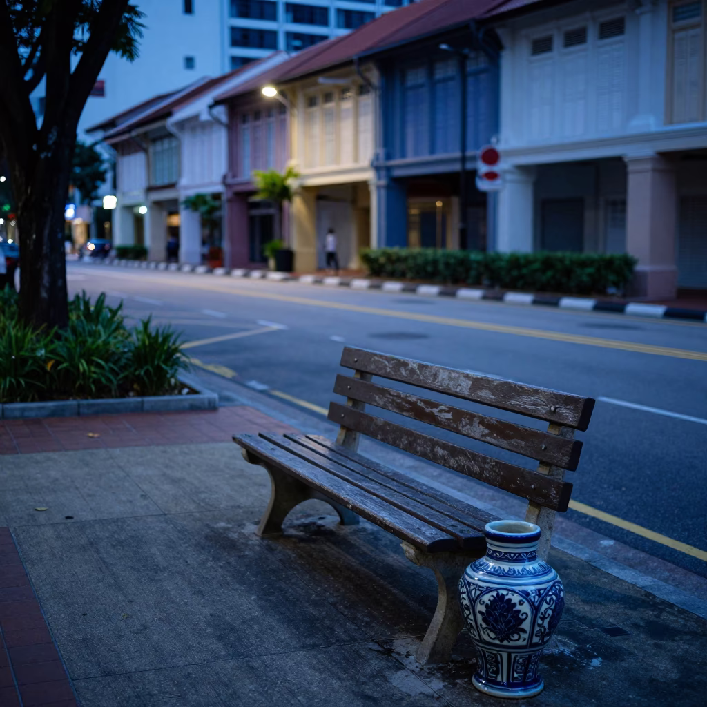 Singapore Evening Street Scene with Park Bench and Ceramic Tiles Under Blue Light in in Singapore, Singapore