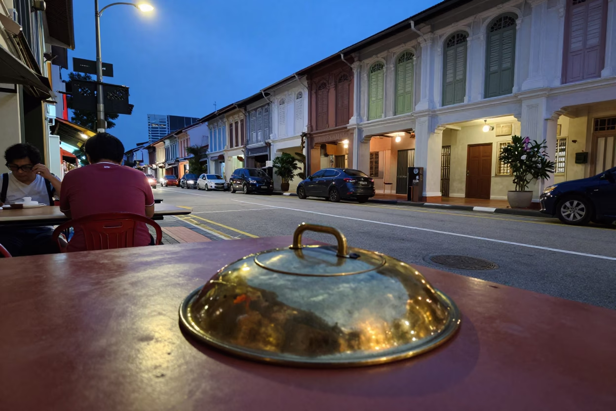 Singapore Evening Street Scene with Traditional Elements and Urban Life in in Singapore, Singapore