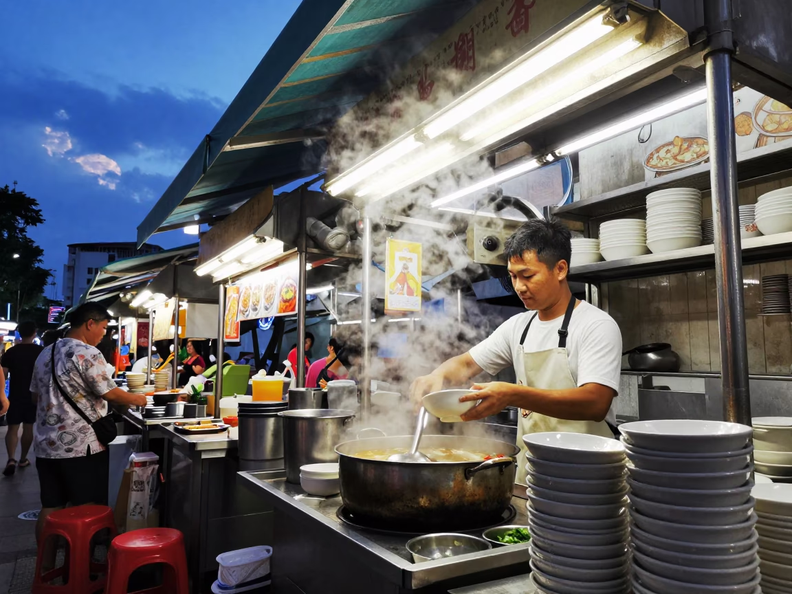 Singapore Food Stall at Blue Hour in in Singapore, Singapore