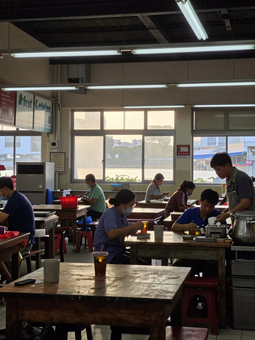 Singapore Hawker Center at As First Light Reaches The Scene in in Singapore, Singapore
