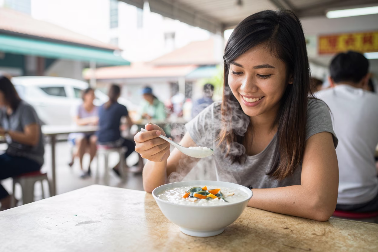 Singapore Hawker Centre Morning Meal with Century Egg Congee and Local Diners in in Singapore, Singapore