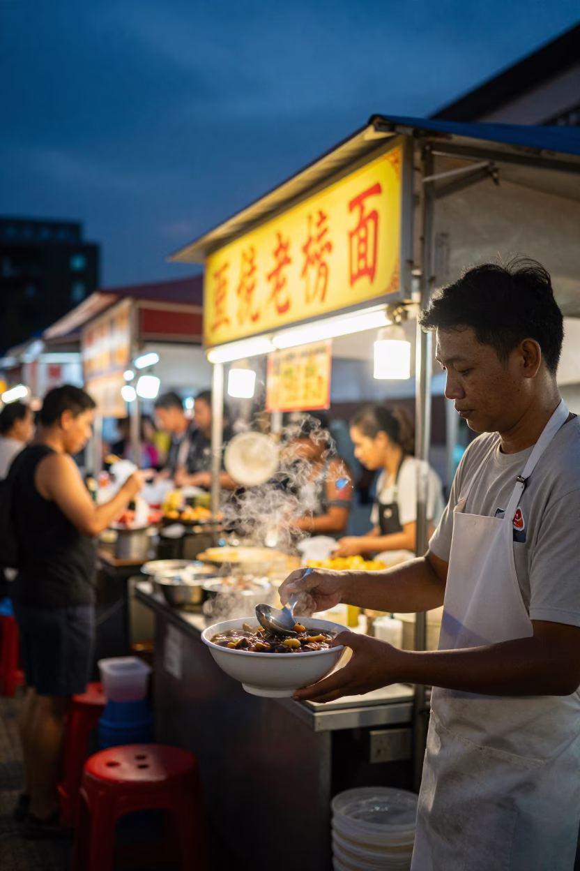 Singapore Hawker Centre Night Market Stall with Food and Indigo Twilight Sky in in Singapore, Singapore
