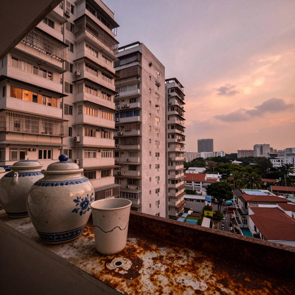 Singapore HDB Balcony Dusk Scene with Porcelain Jars and Cup in in Singapore, Singapore