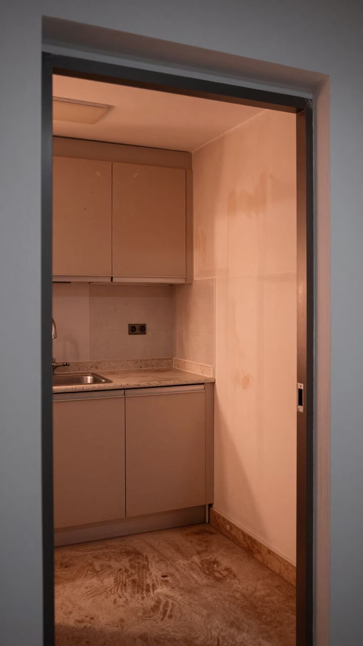 Singapore HDB Kitchen Interior with Paint Flecks and Condensation Before Dusk in in Singapore, Singapore