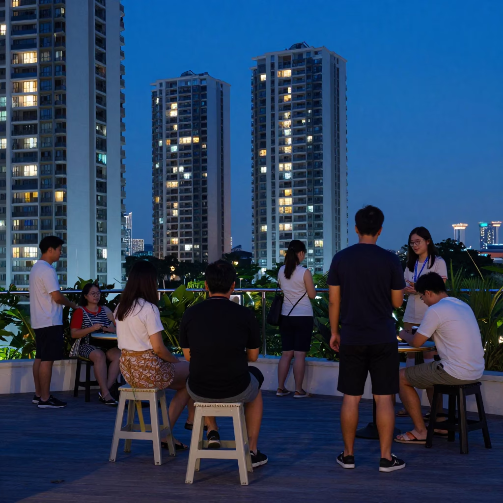 Singapore HDB Void Deck Evening Activity with Step Stool and Cookie Tin in in Singapore, Singapore