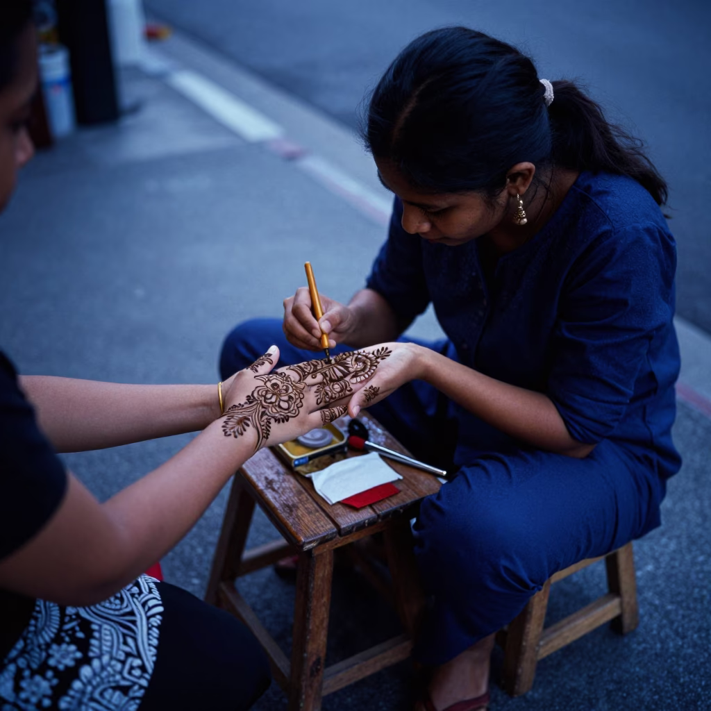 Singapore henna artist decorating hand on stool under evening blue light in in Singapore, Singapore