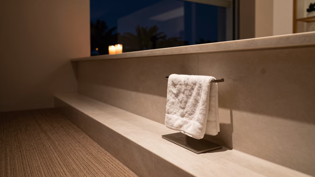 Singapore Hotel Keyring Towel Rack Night in at a reception desk under warm light in Singapore