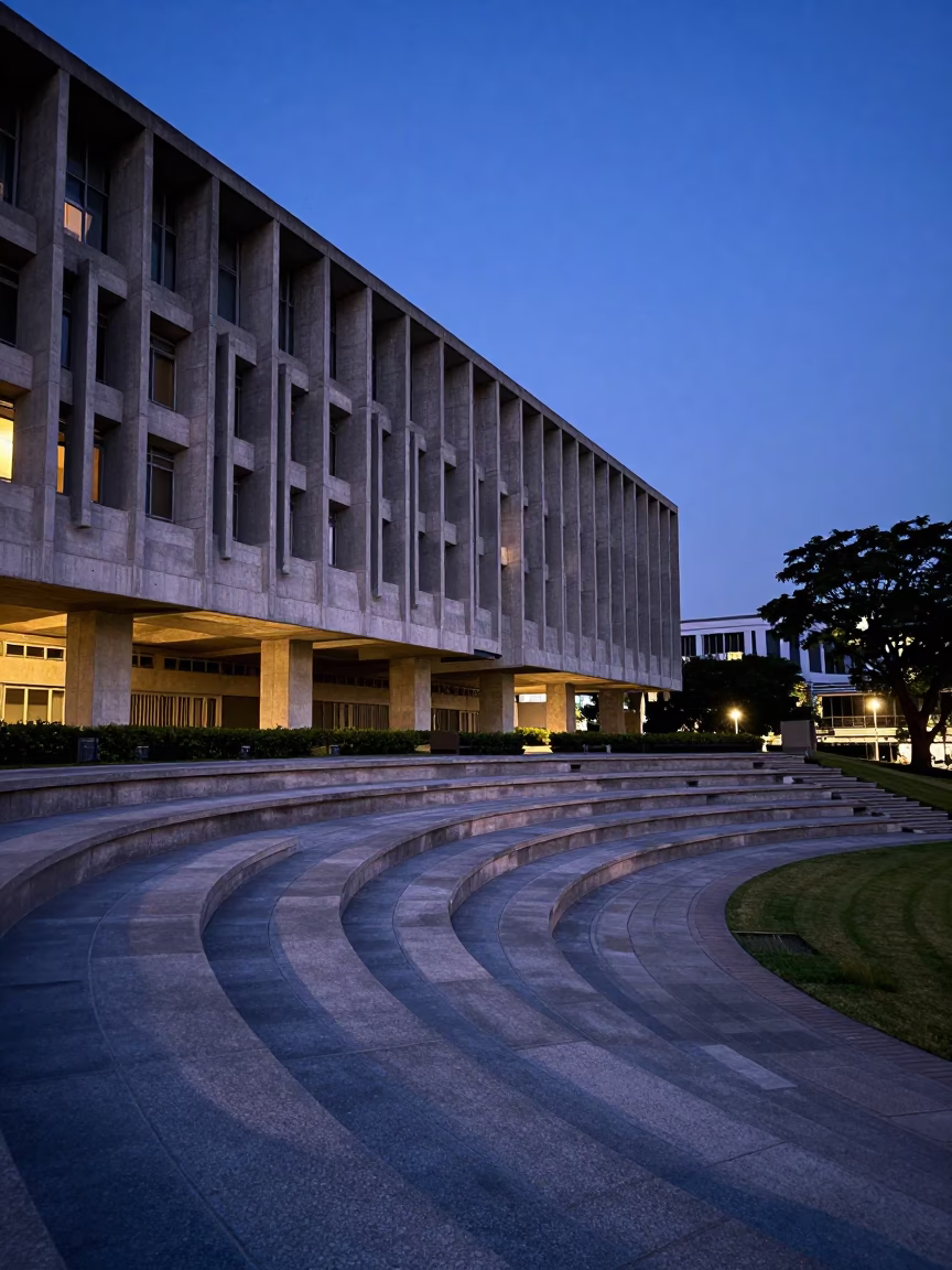 Singapore Indigo Twilight Concrete Brutalist University Campus Amphitheater Scene in in Singapore, Singapore