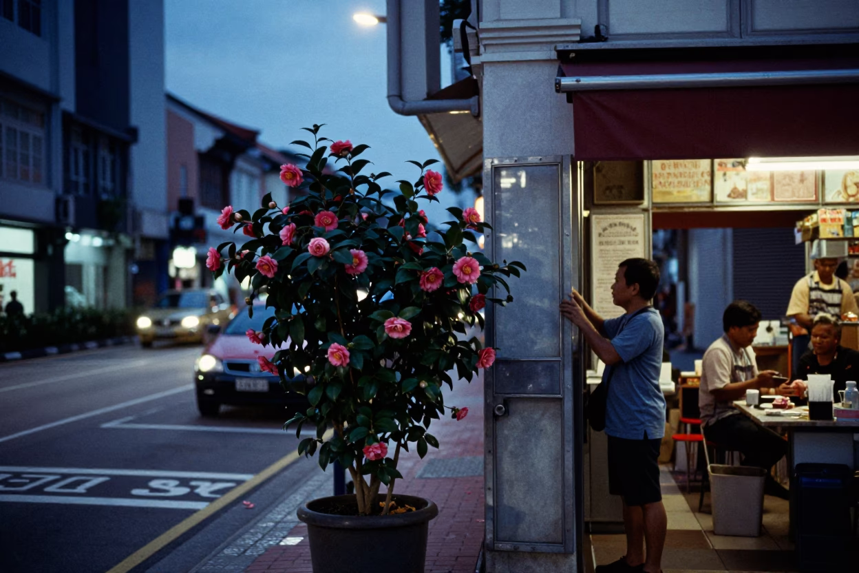 Singapore Indigo Twilight Street Scene with Camellia and Urban Details in in Singapore, Singapore