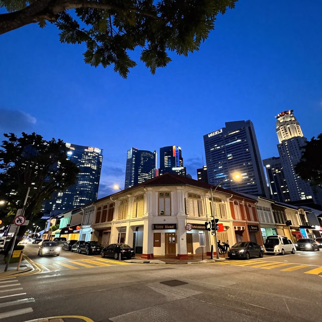 Singapore Indigo Twilight Street Scene with Leaf Shadows and Local Interaction in in Singapore, Singapore
