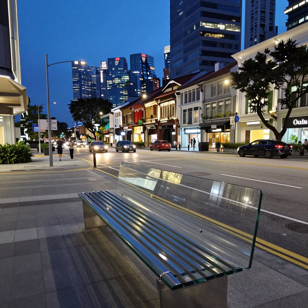 Singapore indigo twilight street scene with modern glass bench and urban infrastructure in in Singapore, Singapore
