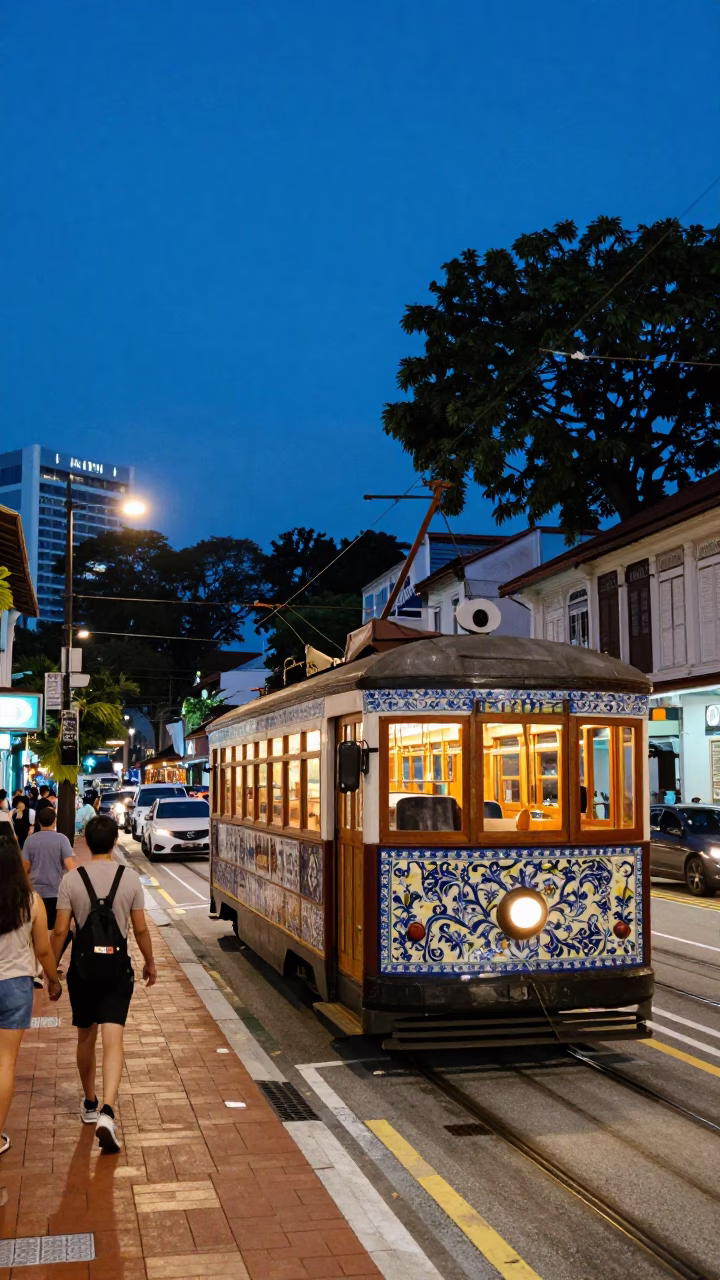 Singapore Indigo Twilight Street Scene with Vintage Italian Majolica Plate and Tram in in Singapore, Singapore