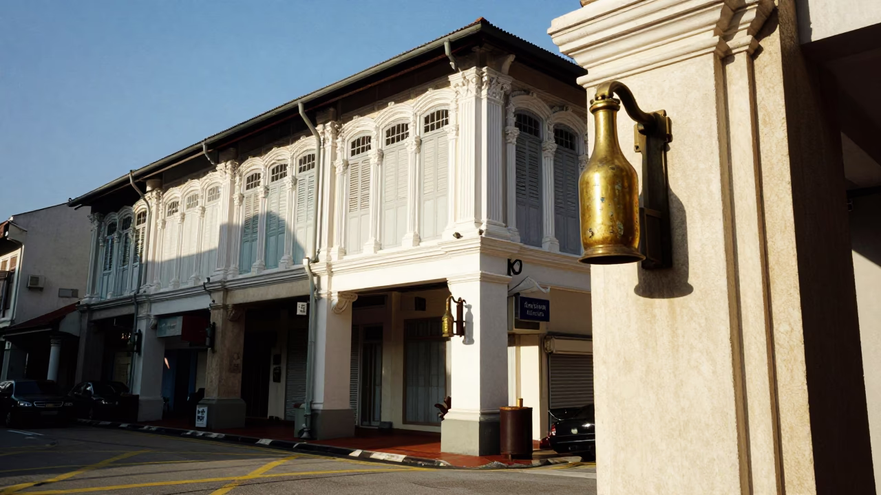 Singapore Late Afternoon Street Scene with Brass Fixture and Glass Details in in Singapore, Singapore