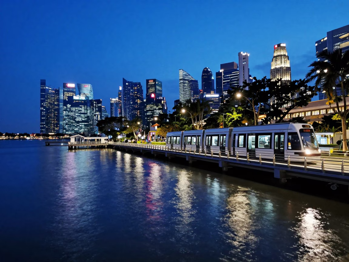 Singapore Marina Bay Evening Light Tramcar Bridge Pier Floodwater Street Scene in in Singapore, Singapore