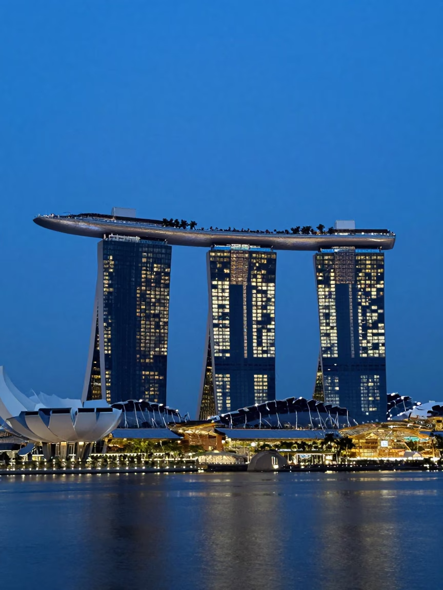Singapore Marina Bay Sands and Helix Bridge under twilight blue hour lighting in in Singapore, Singapore