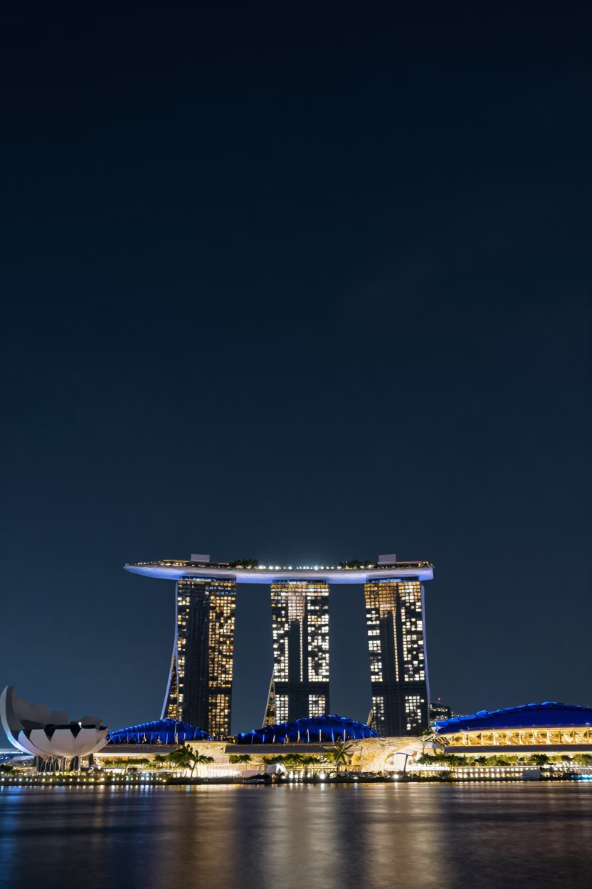 Singapore Marina Bay Sands at Deep Night Sky with Waterfront Promenade and City Lights in in Singapore, Singapore