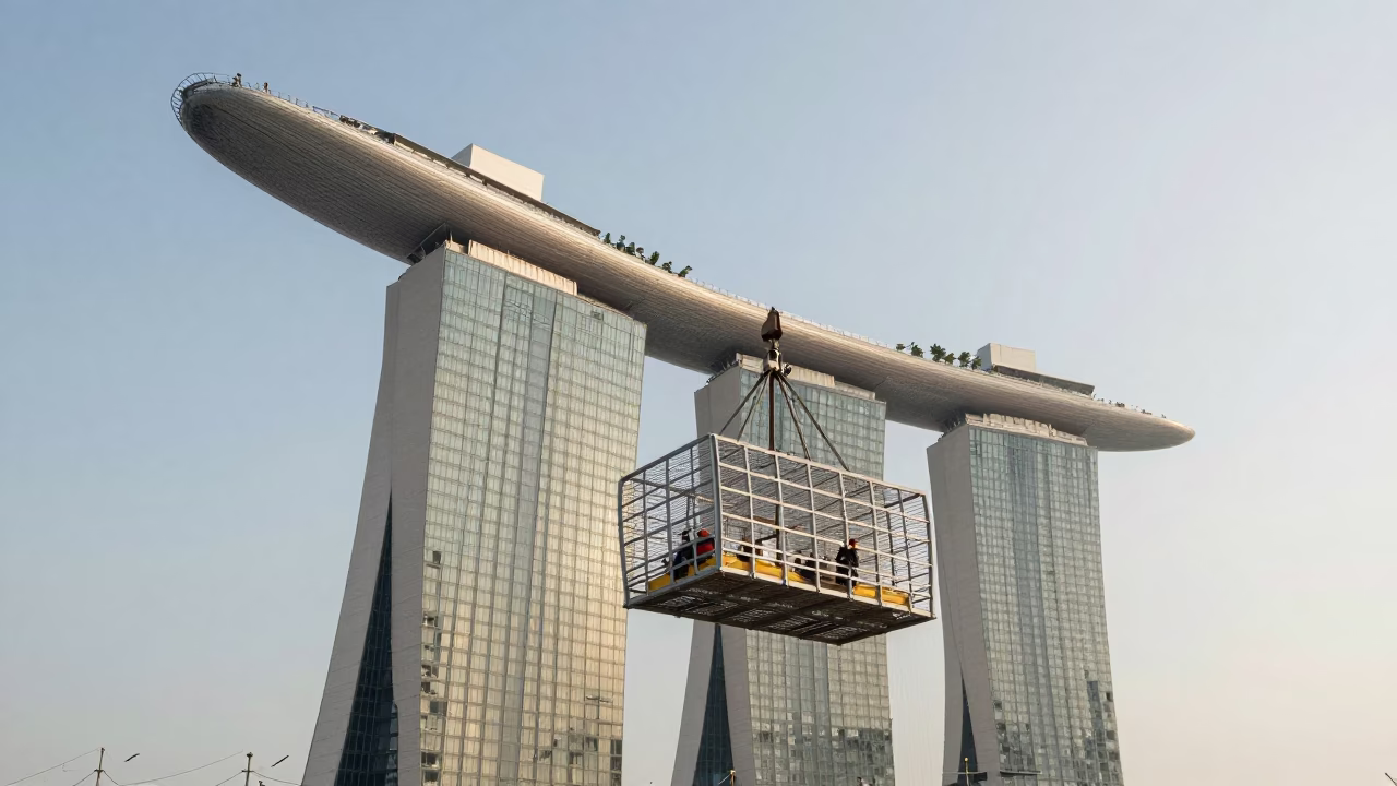 Singapore Marina Bay Sands Bridge Maintenance Cage Swinging in Clear Late Afternoon Light in in Singapore, Singapore