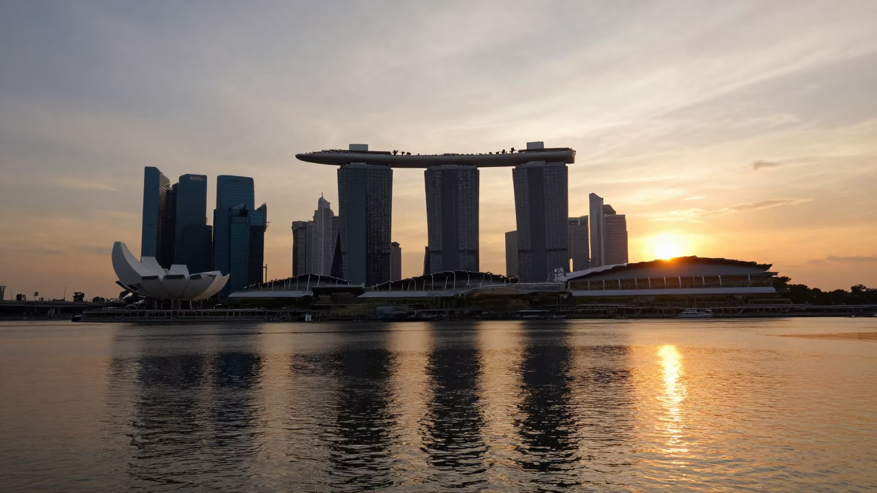 Singapore Marina Bay Sands Skyline at Sunset with Pomegranate and Drawbridge Markings in in Singapore, Singapore